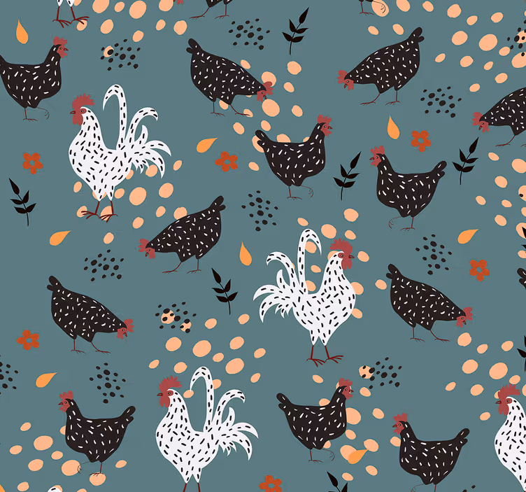 Kitchen roller blind with black and white chickens flowers - TenStickers
