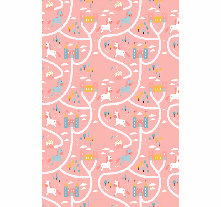 Pink roller blind with castles and unicorns - TenStickers