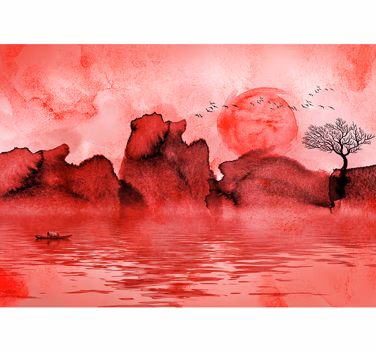 Red roller blind with chinese ink landscape design - TenStickers