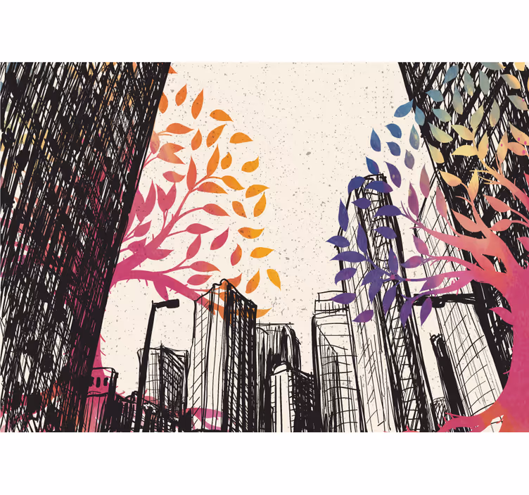 Living room roller blind with seasonal trees and towers - TenStickers