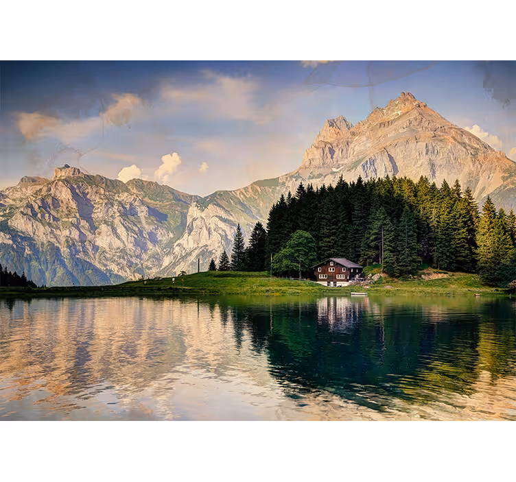 Living room roller blind house by the lake with mountains - TenStickers