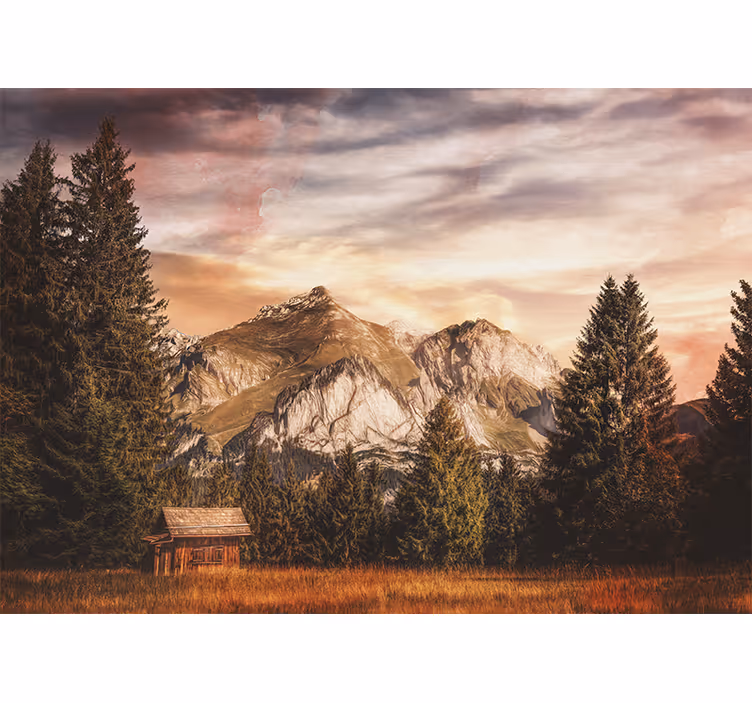 Living room roller blind mountain cabin design - TenStickers