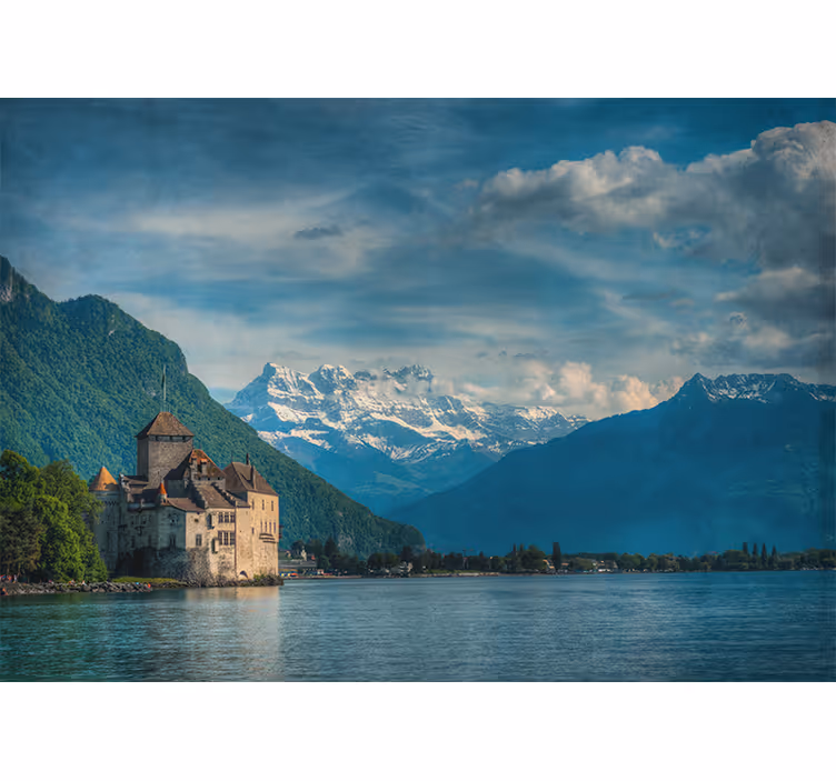 Living room roller blind castle by the lake mountains - TenStickers