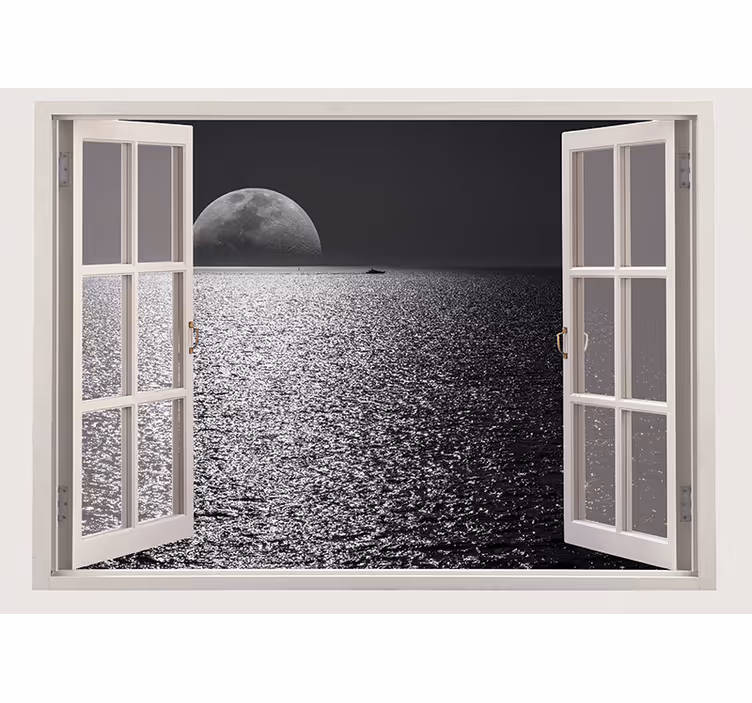 Gray roller blind view of the sea from the white window - TenStickers