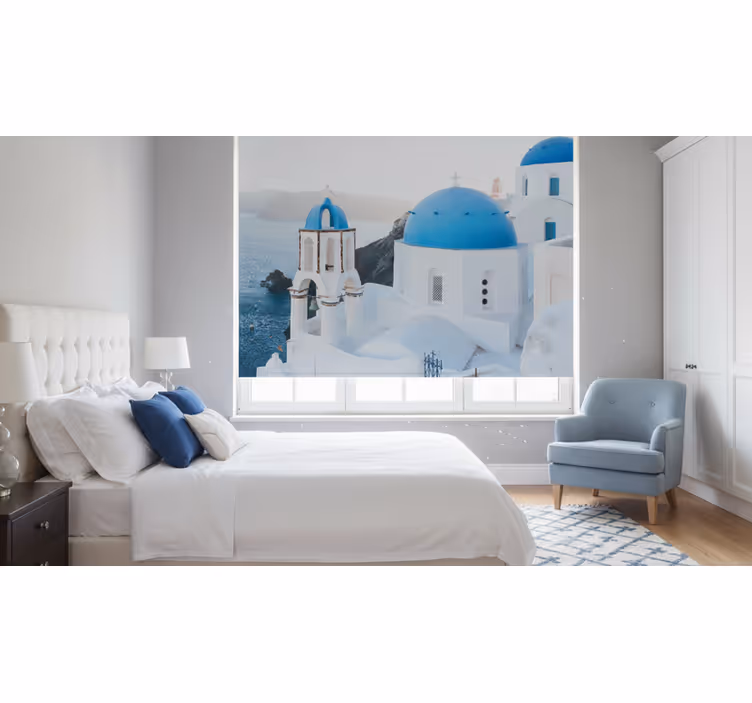 Bedroom roller blind santorini white blue ocean - TenStickers