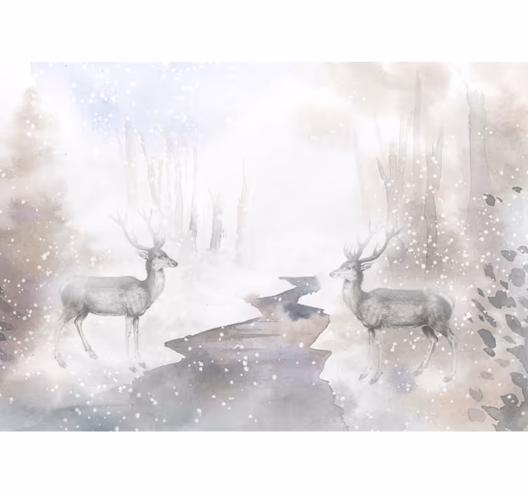 White roller blind artistic forest with white elks - TenStickers