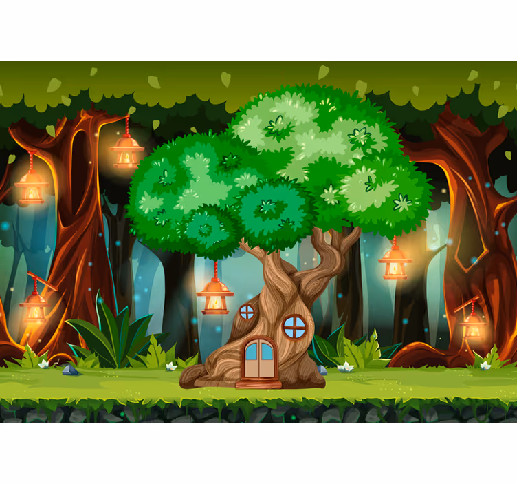 Children room roller blind tree house mural with lights - TenStickers