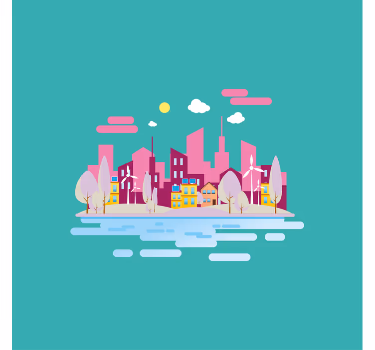 Children room roller blind pink city by the sea - TenStickers
