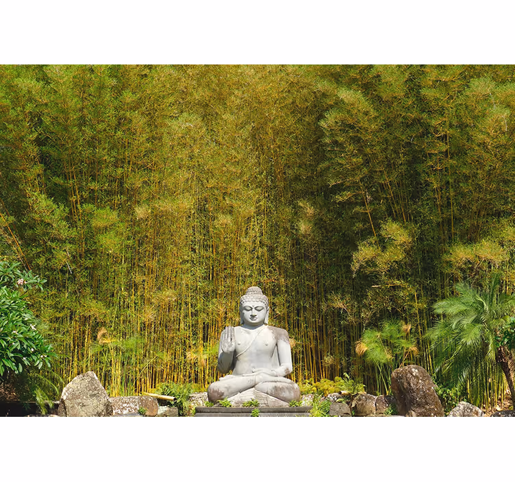 Zen roller blind gray buddha gazing at lush greenery - TenStickers