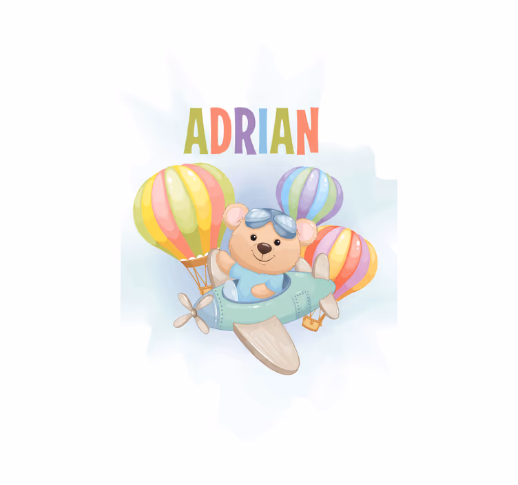 Bear in airplane with name children room roller blind - TenStickers