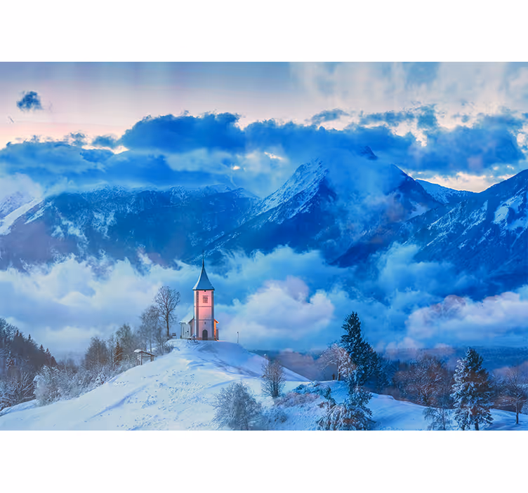 Blue wall mural snow-capped mountains and fog - TenStickers