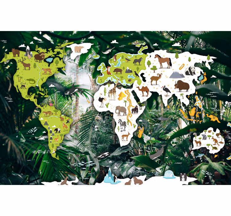 World map wall mural animal kingdom design - TenStickers