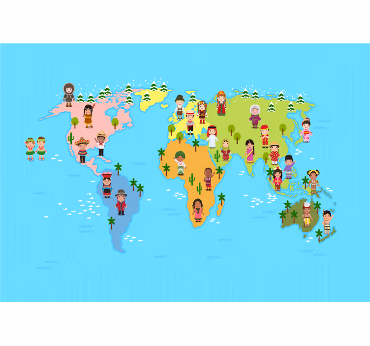 Children characters world map mural - TenStickers