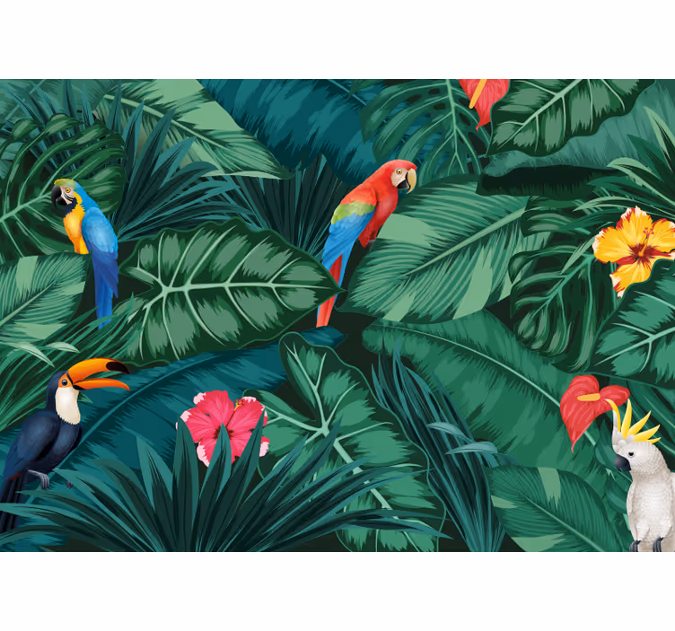 Dining room wall mural tropical birds and flowers - TenStickers