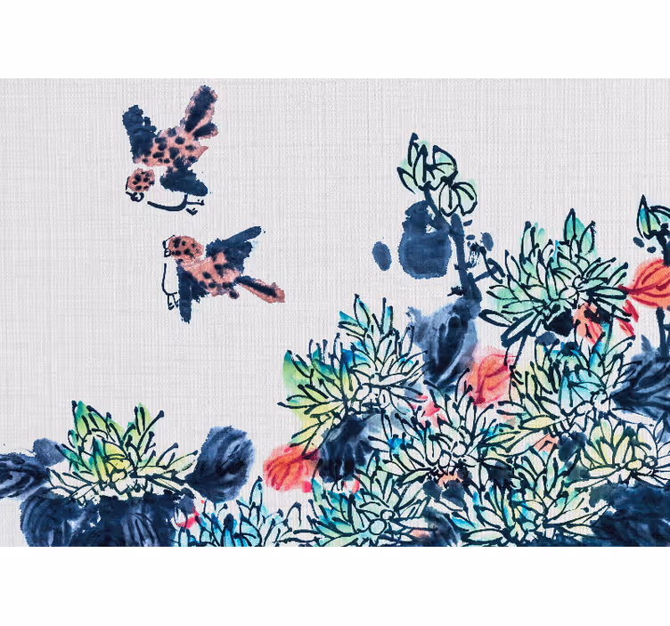 Flower mural birds among flowers - TenStickers
