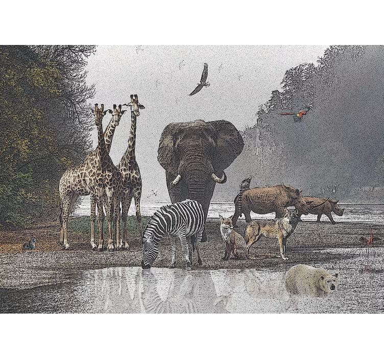 Jungle wall mural wildlife gathering scene - TenStickers