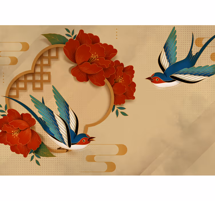 Birds and Flowers 3D wall mural - TenStickers