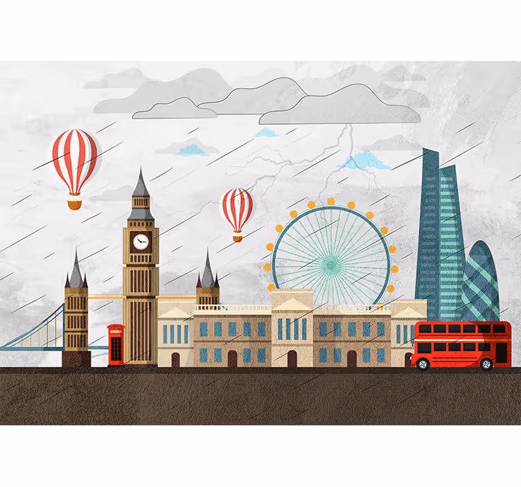 Rainy London city illustration Wall Mural - TenStickers