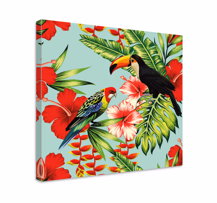 Tropical red flowers bird canvas art - TenStickers