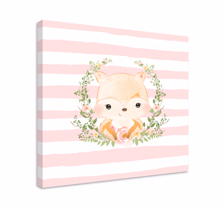 Cute fox cartoon with pink rose nursery canvas - TenStickers
