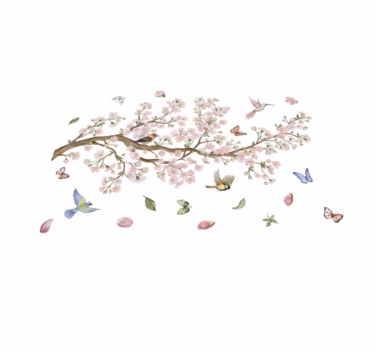 Cherry blossom with birds flower vinyl rug - TenStickers