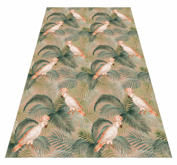 Animal vinyl rug featuring white parrots on beige palms - TenStickers