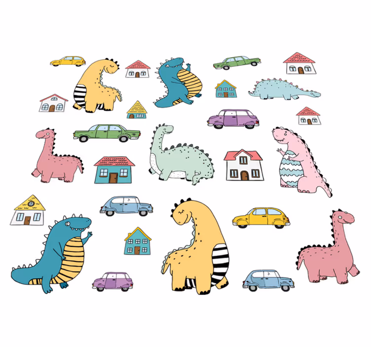 Animal vinyl rug nordic dinosaurs in town set - TenStickers