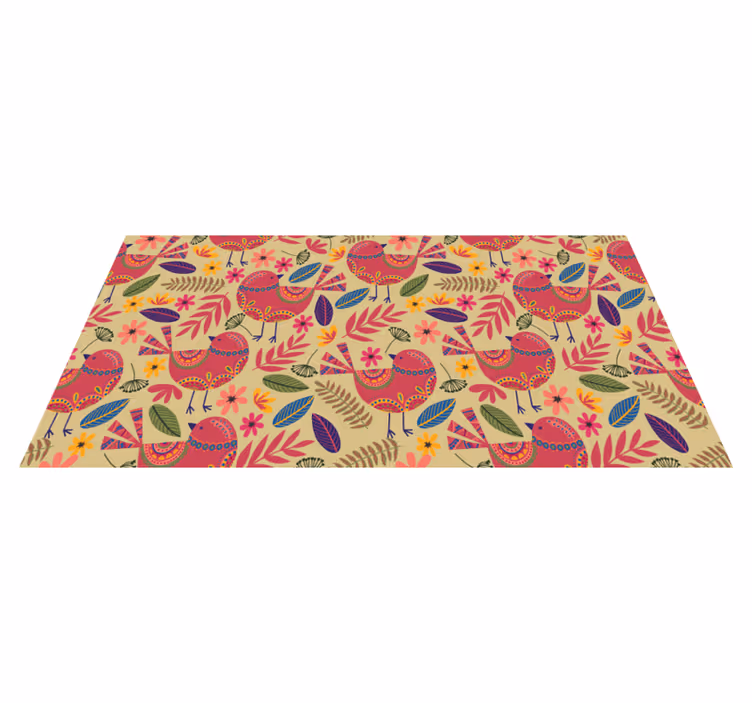 Flower vinyl rug with vibrant bird folk art design - TenStickers