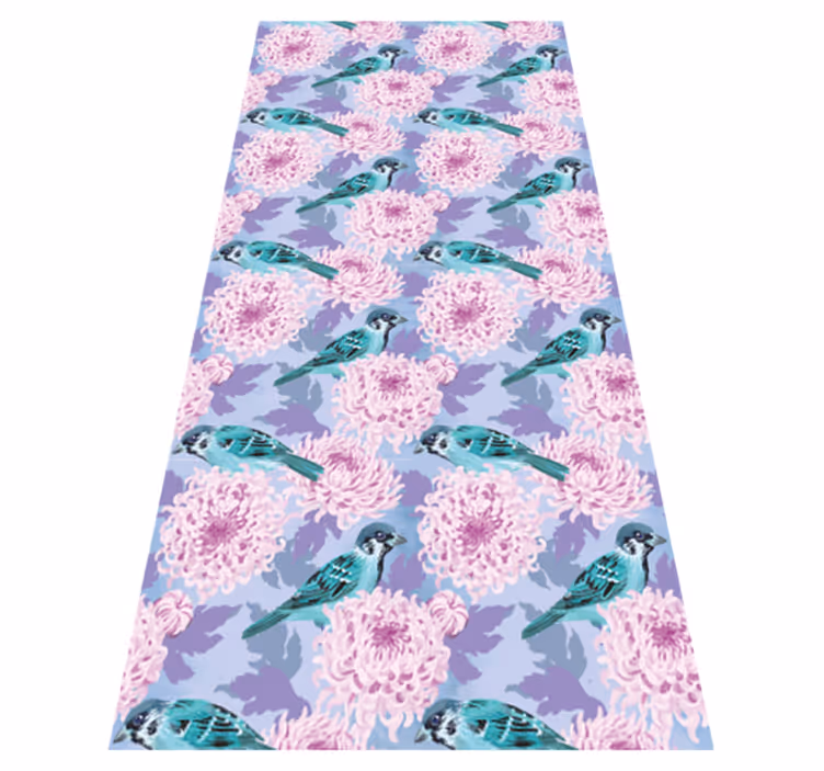 Flower vinyl rug with pink garden flowers and birds - TenStickers