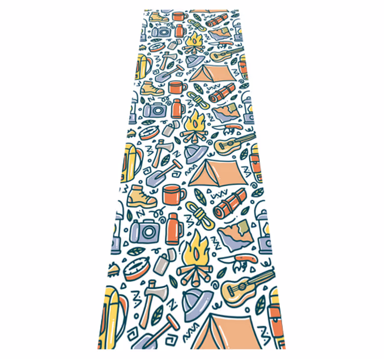 Bedroom vinyl rug with hand-drawn mountains and camping gear - TenStickers