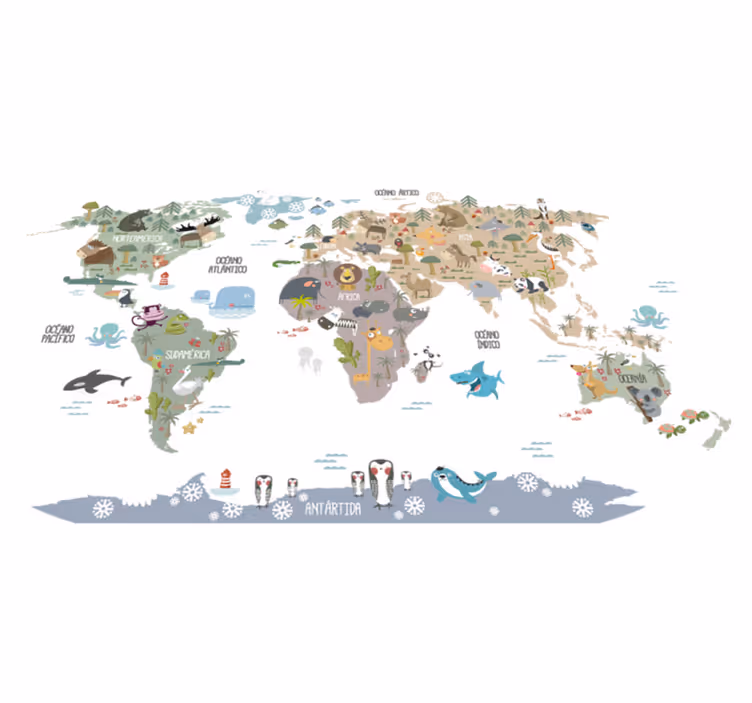 World map vinyl rug pastel animal design - TenStickers