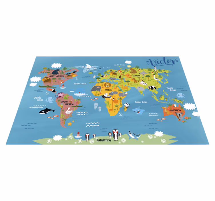 Vinyl rug for kids World Map with animals - TenStickers