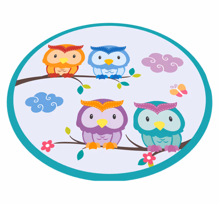 Kids colorful owls on branch vinyl rug - TenStickers