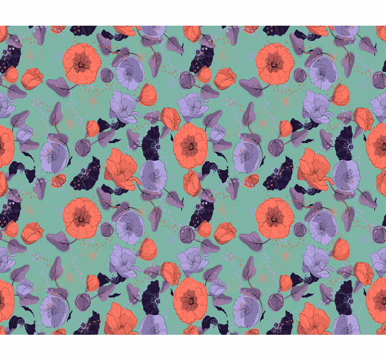 Flower wallpaper blue and red poppies - TenStickers