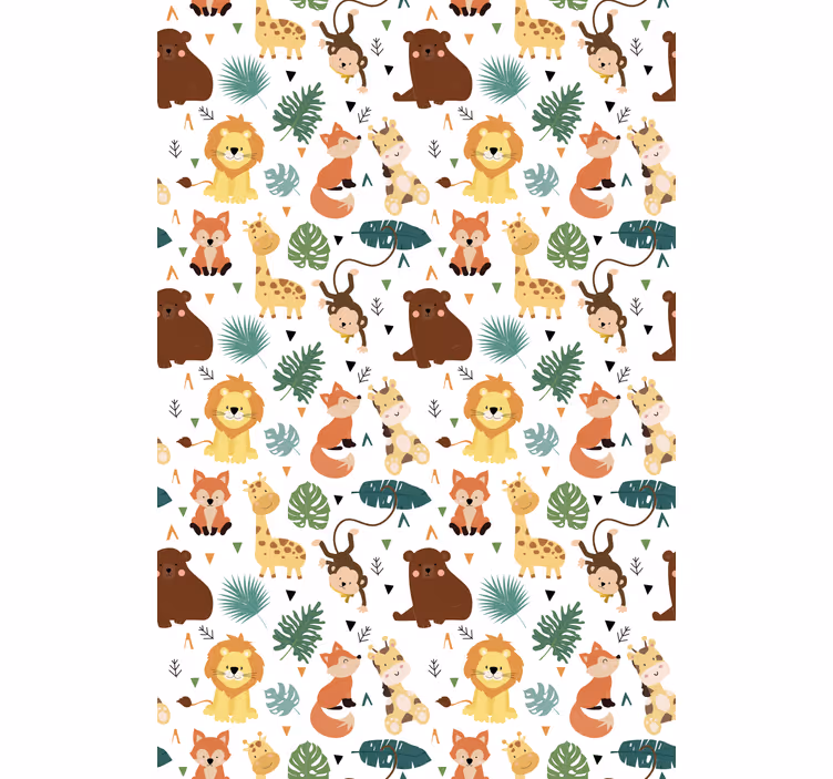Kids wallpaper featuring cute wild animals and leaves - TenStickers