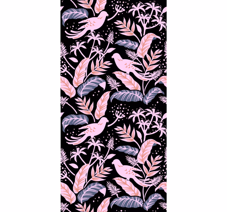 Kids wallpaper with black and pink birds on leaves - TenStickers