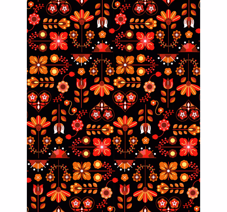Floral ornament wallpaper red ethnic folk design - TenStickers