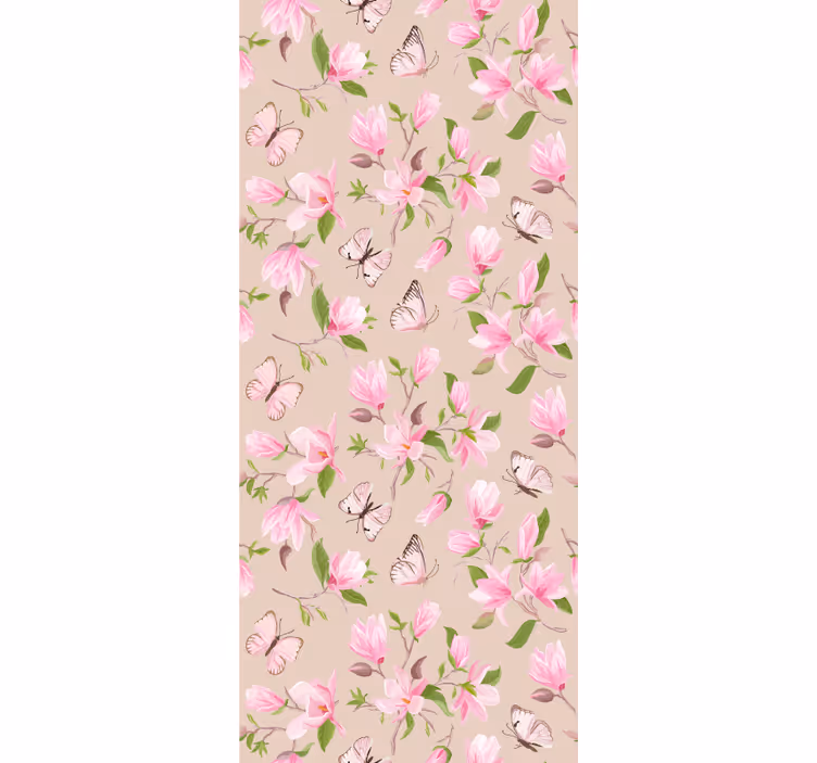 Floral ornament wallpaper in pink magnolia and butterfly - TenStickers