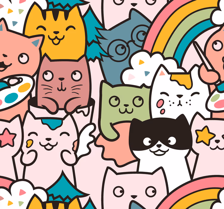 Bedroom wallpaper cat doodle pastel pattern - TenStickers