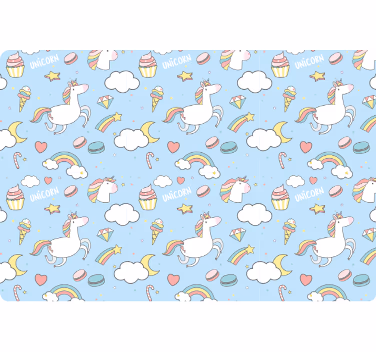 Blue wallpaper featuring adorable unicorns and rainbows - TenStickers