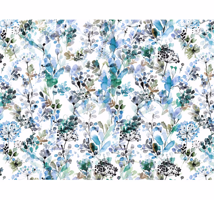 Leaf wallpaper with cozy blue flowers - TenStickers