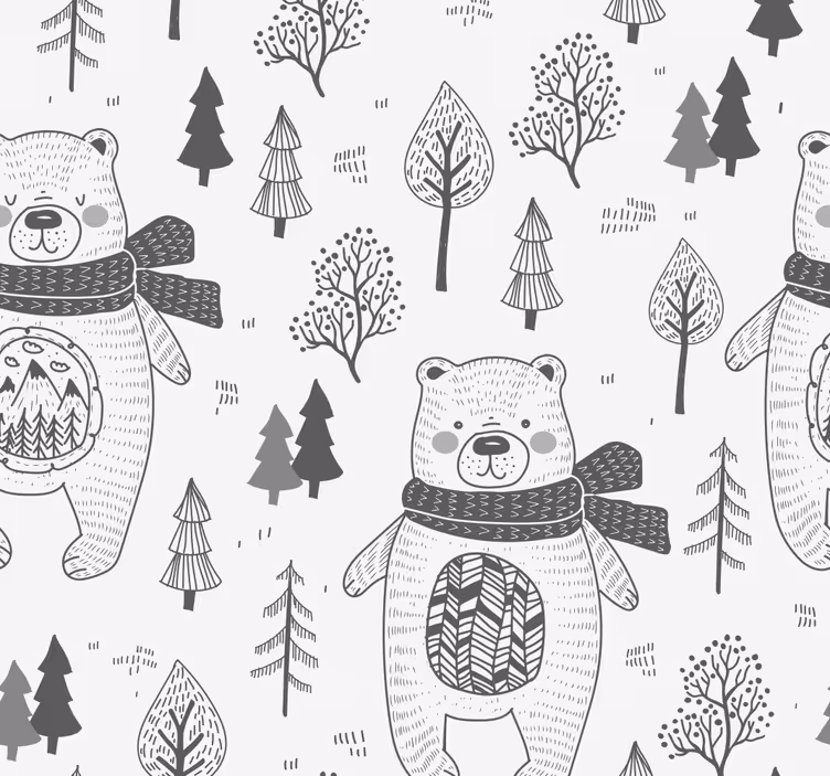 Cute bear and hand drawn forest Wallpaper - TenStickers