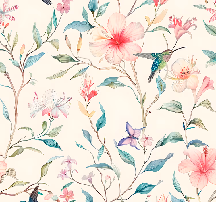 Flowers and hummingbirds pattern floral ornament wallpaper - TenStickers