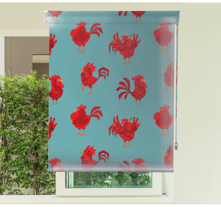 Red roosters on blue background animal roller blind - TenStickers