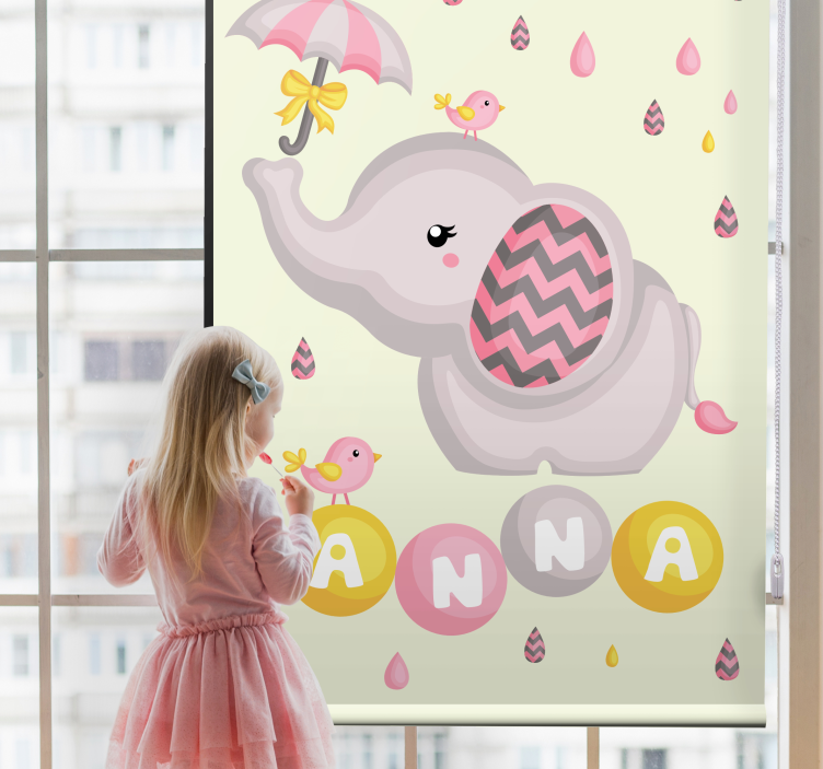 Children room roller blind baby elephant with name umbrella - TenStickers
