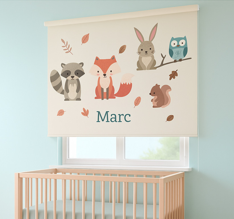 Forest animals with name children room roller blind - TenStickers