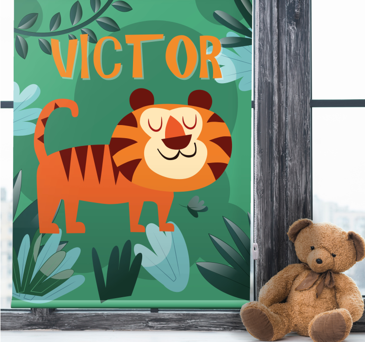 Happy tiger with name children room roller blind - TenStickers