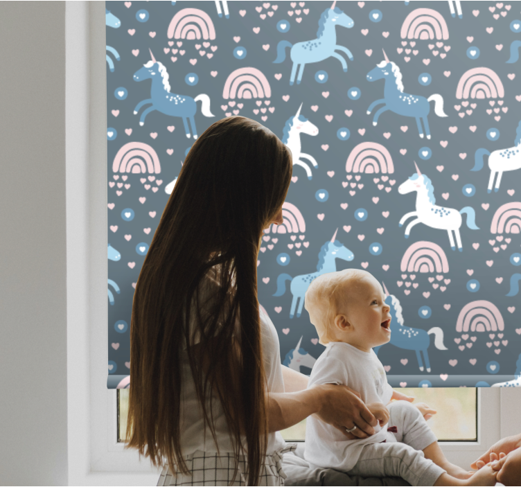 Children room roller blind with blue unicorns and rainbows - TenStickers