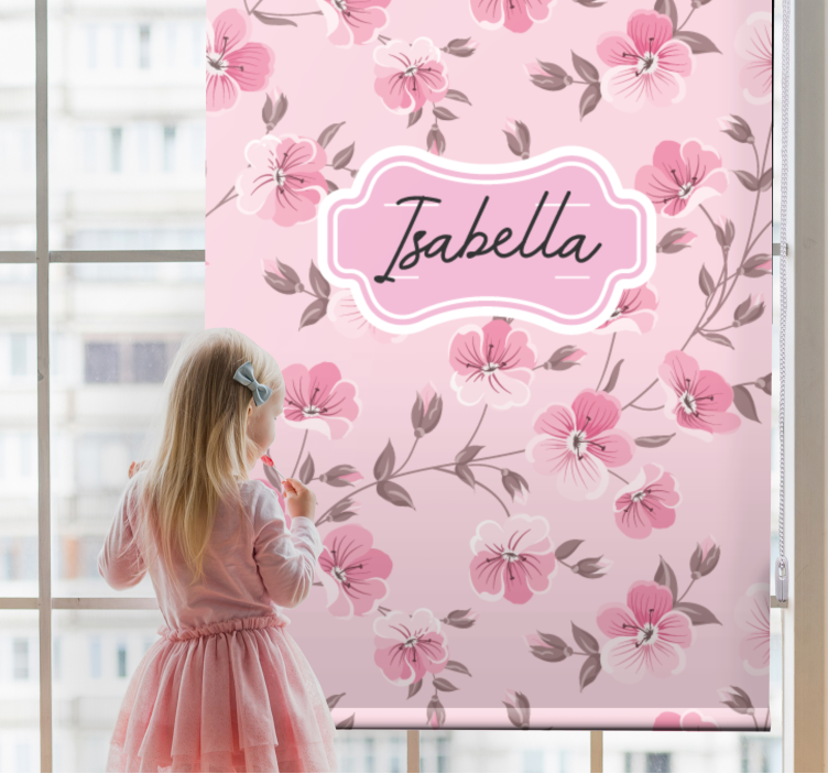 Cherry blossoms with name children room roller blind - TenStickers