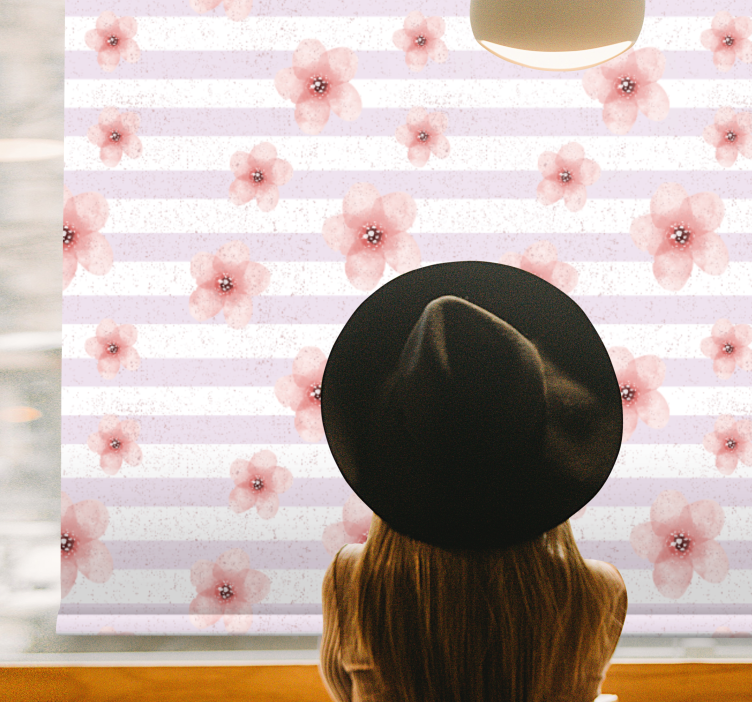 Pink Floral Stripes flowers and plants roller blind - TenStickers